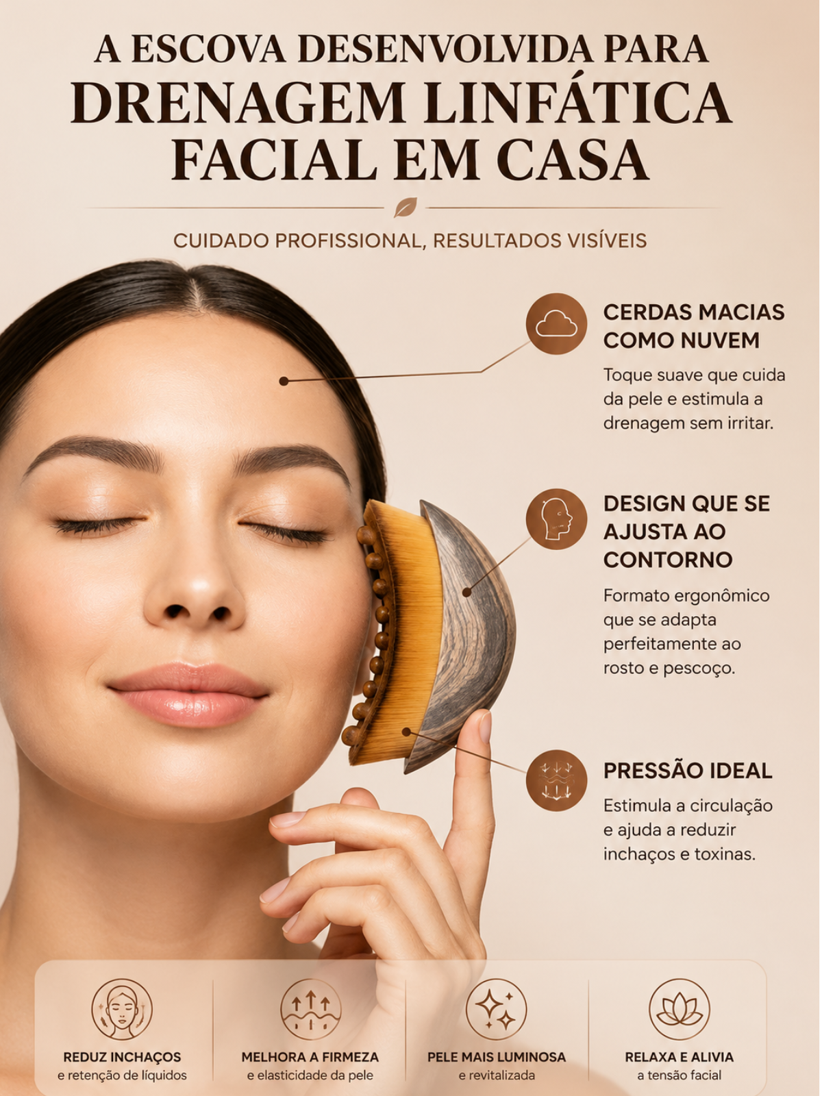 DrenaFace - Escova de Drenagem Linfática Facial - Escova Coreana
